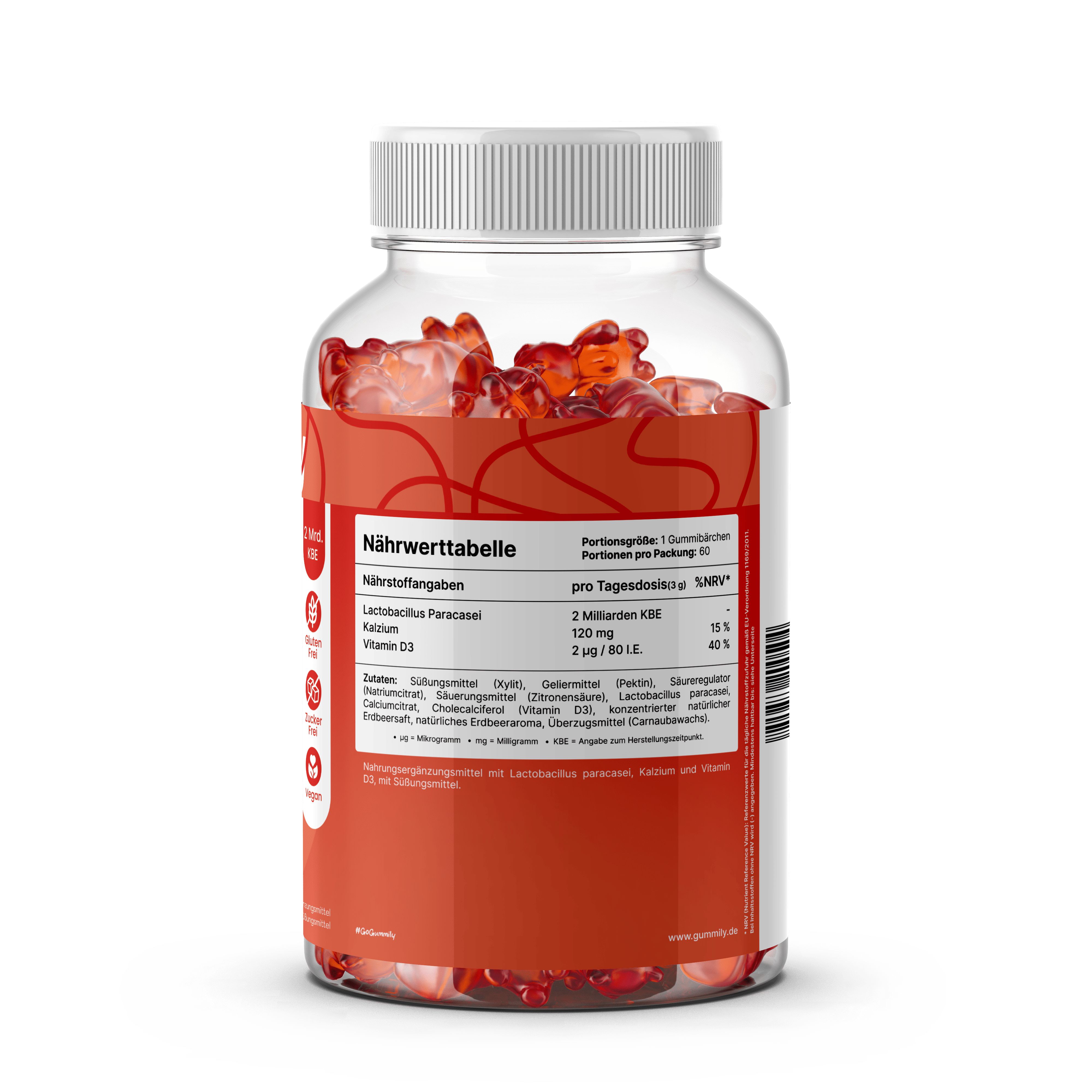 Rückseite einer Flasche Gummibärchen mit Nährwerttabelle und Inhaltsstoffen wie Lactobacillus Paracasei, Kalzium und Vitamin D3.