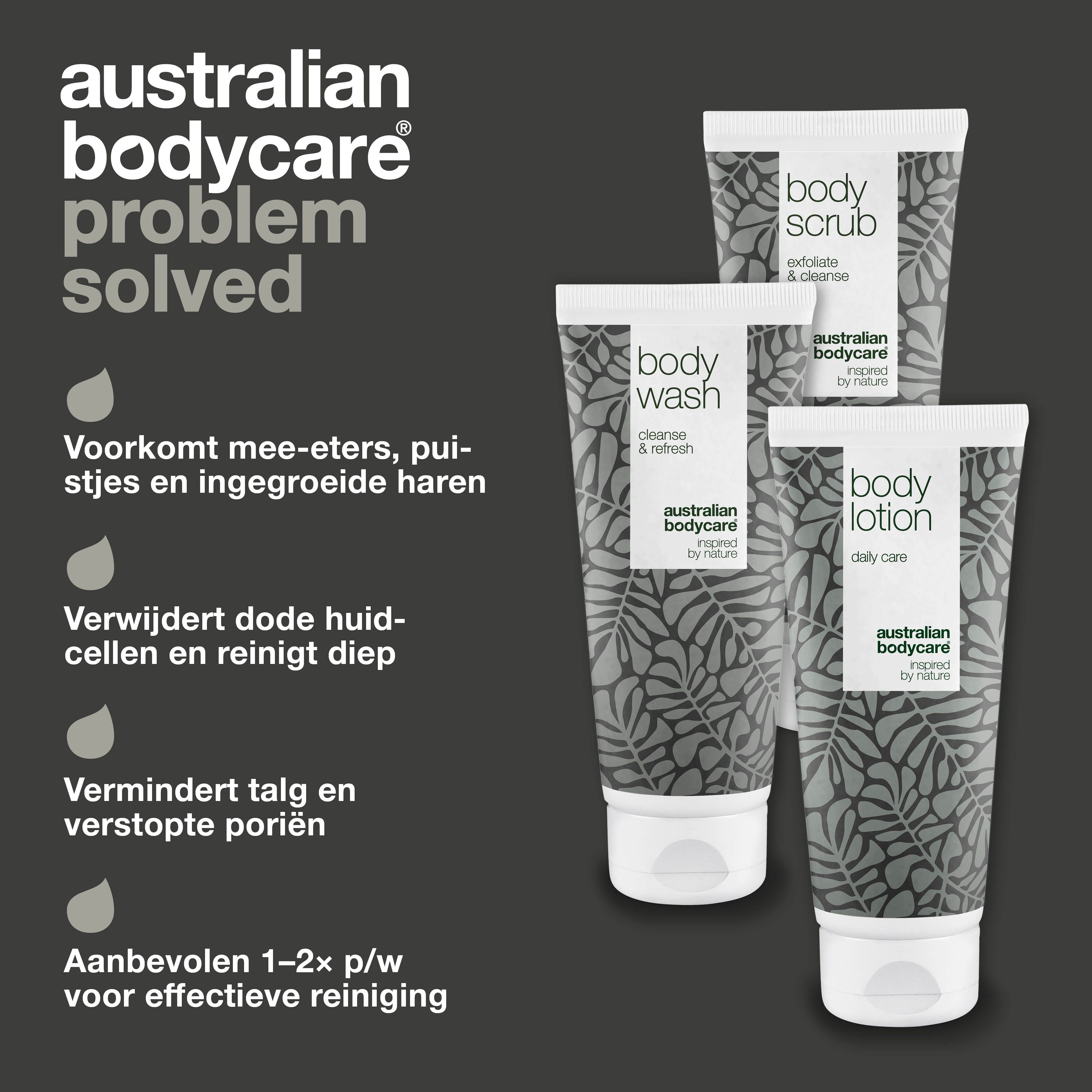Drie tubes: Body Wash, Body Scrub, Body Lotion. Wit en grijs design met bladeren. Tekst: Tea Tree Oil. Verpakking.