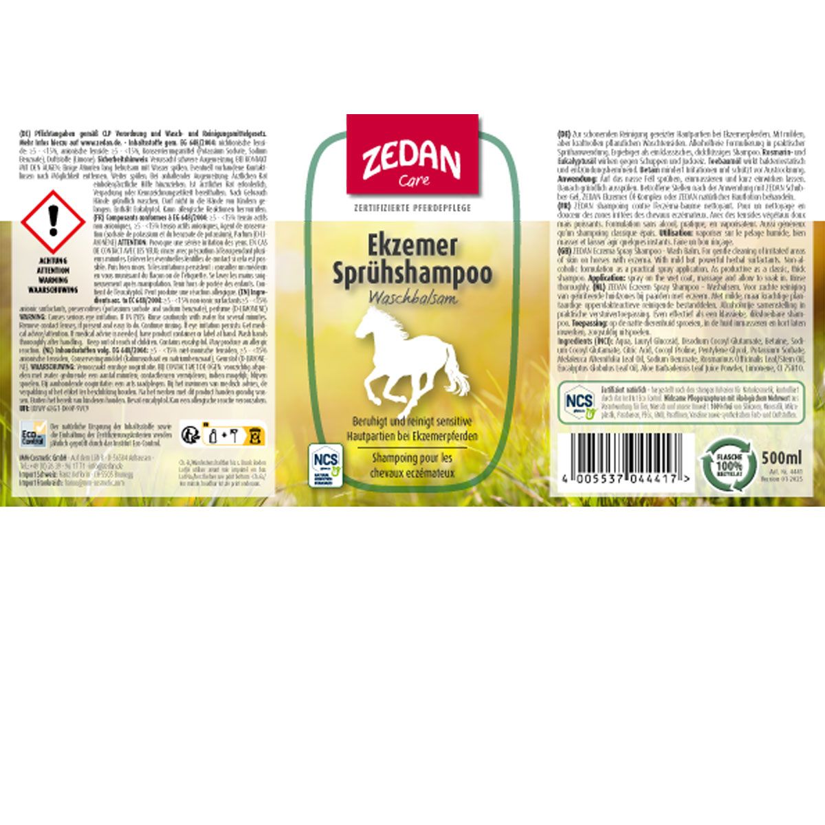 Etikett von Zedan Ekzemer Sprühshampoo Waschbalsam mit Pferd, Warnsymbol und 500ml Angabe.