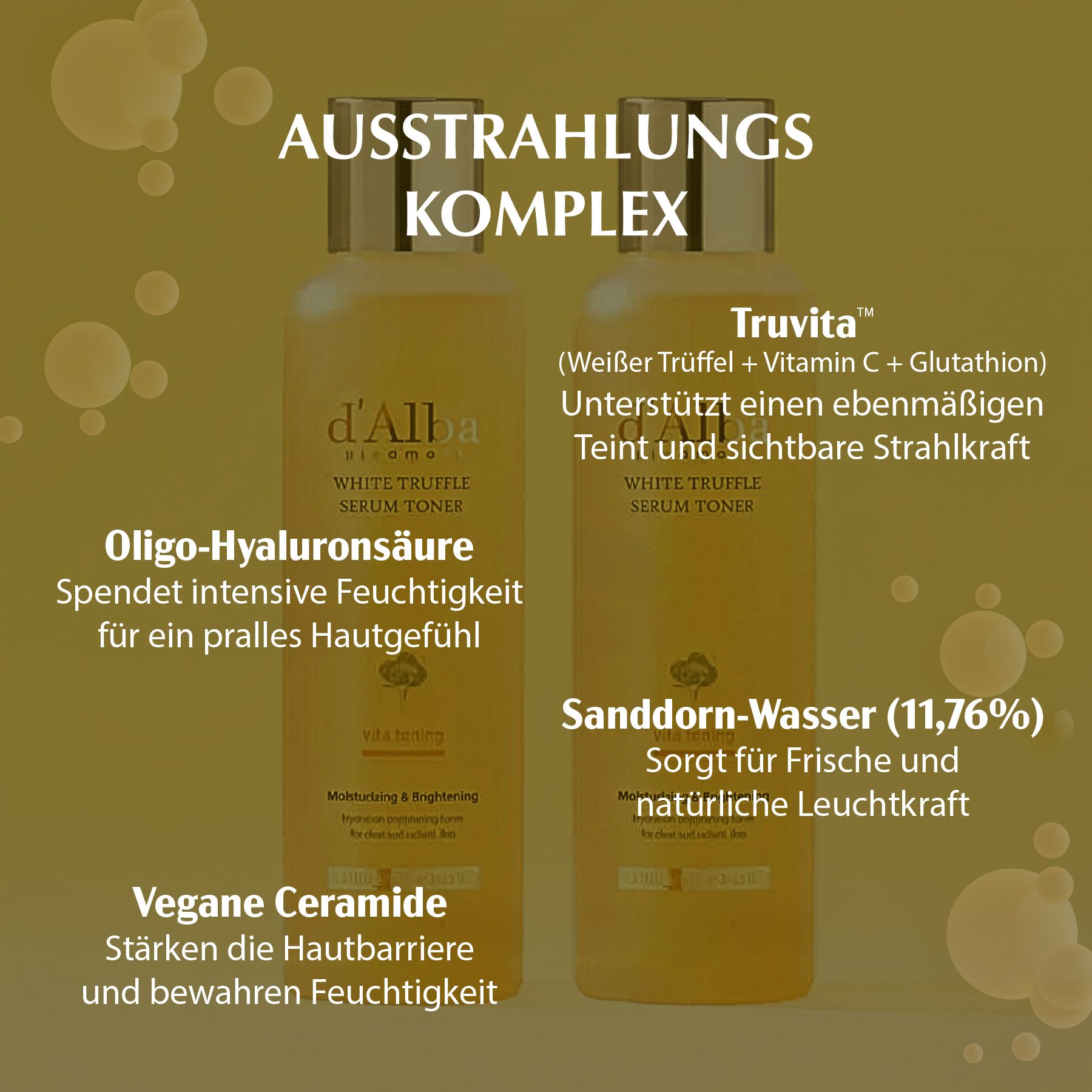 Zwei Flaschen mit d'Alba White Truffle Serum Toner. Text: Ausstrahlungs-Komplex. Truvita, Oligo-Hyaluronsäure, Sanddorn-Wasser, Vegane Ceramide.