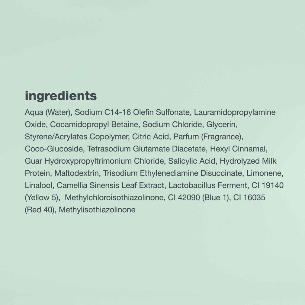Text: ingredients. Auflistung von Inhaltsstoffen des Shampoos.