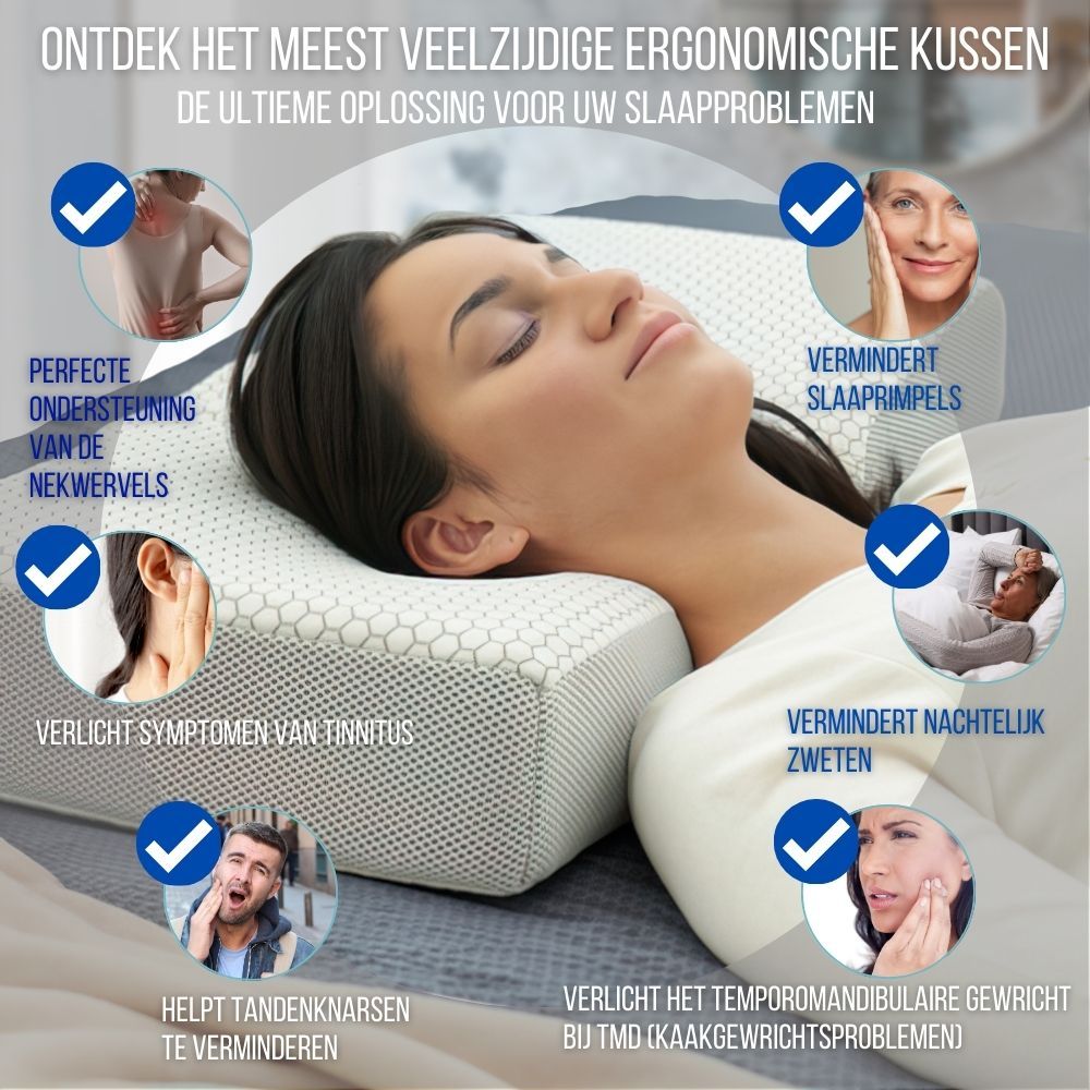 Vrouw ligt op een ergonomisch kussen. Tekst: Verlicht tinnitus, vermindert rimpels, etc.