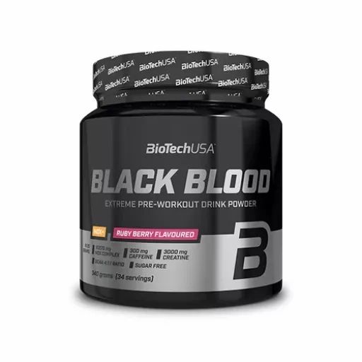 Schwarze Dose "BLACK BLOOD". "BioTechUSA" Logo. "Ruby Berry Flavoured". 540g, 34 Portionen.