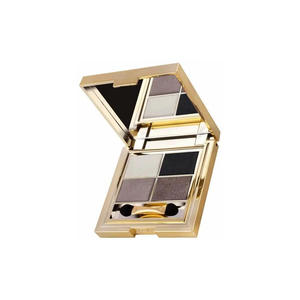 Lidschattenpalette mit Spiegel. Goldfarbenes Gehäuse, vier Farbtöne. Zwei Applikatoren. Geöffnet.