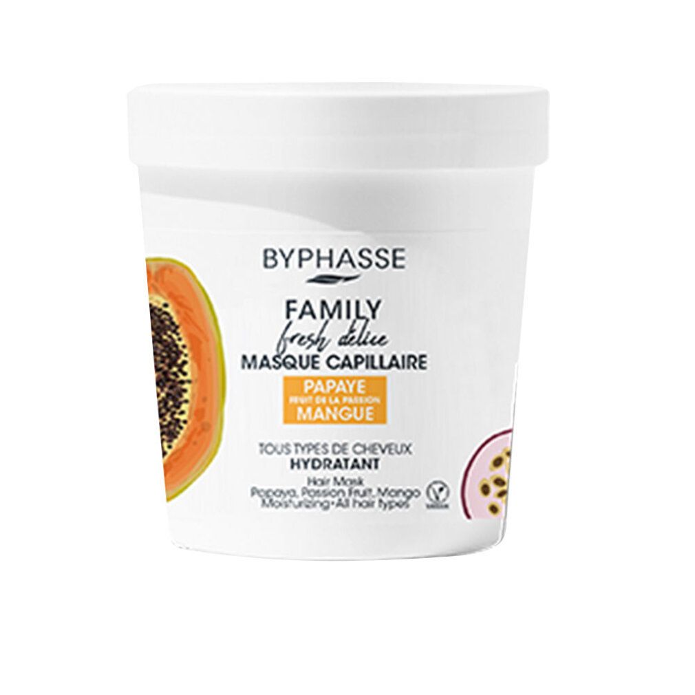 Weißer Behälter mit Papaya- und Mango-Haarmaske. Aufschrift: Byphasse, Family fresh délice, Masque capillaire, Papaye, Mangue.