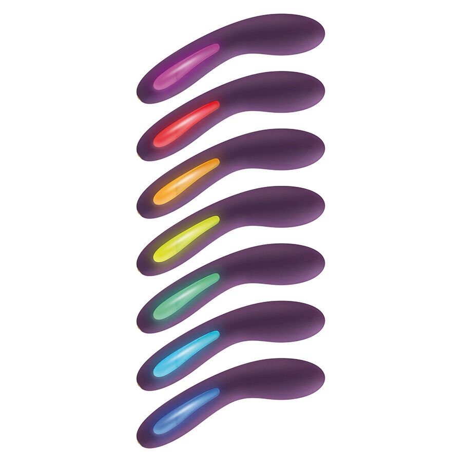 Sieben Vibratoren in verschiedenen Farben. Dunkelviolette Basis mit farbig leuchtenden Spitzen: Lila, Rot, Orange, Gelb, Grün, Blau, Hellblau.