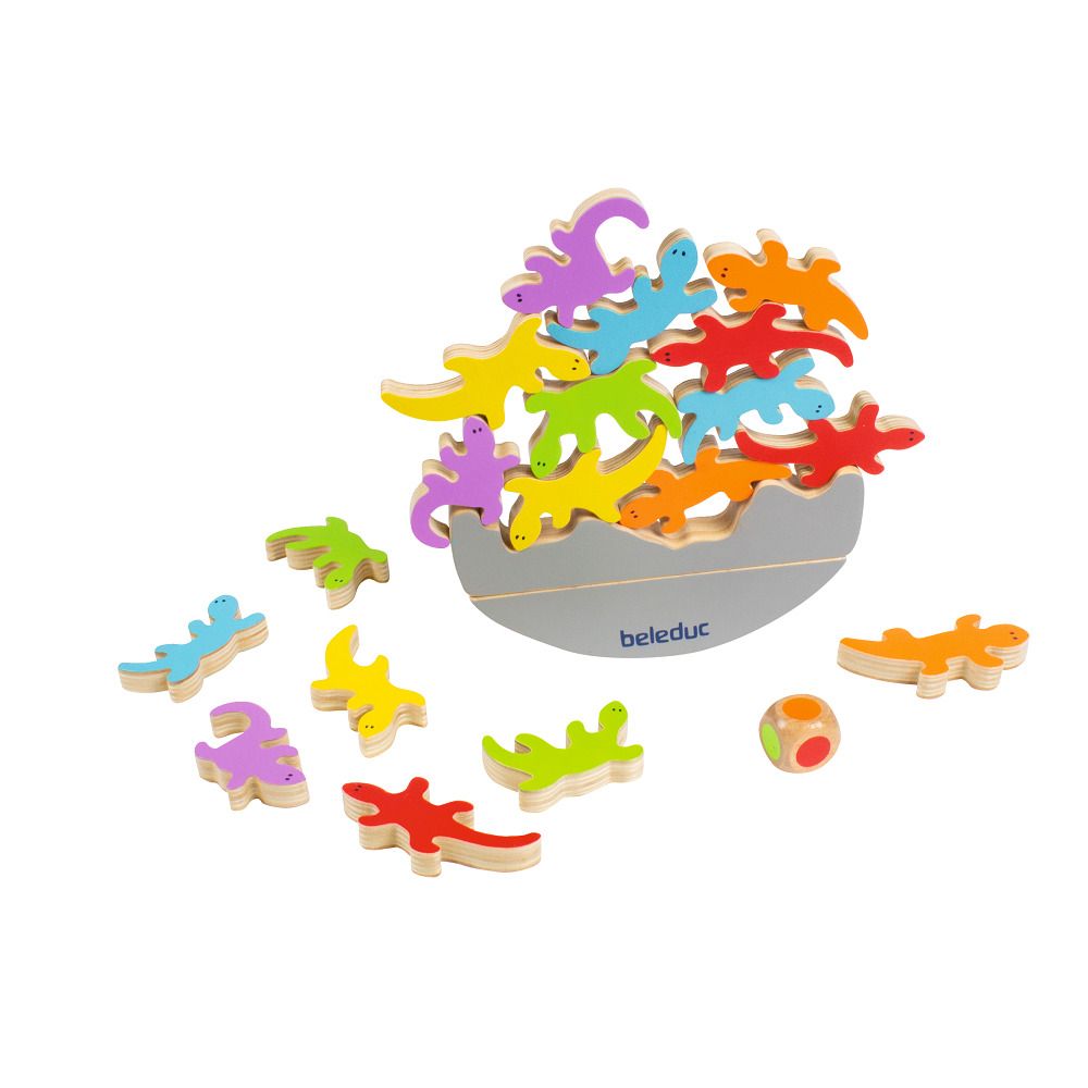 Mehrere farbige Holz-Echsen auf einer grauen Wippe mit dem Schriftzug "beleduc".