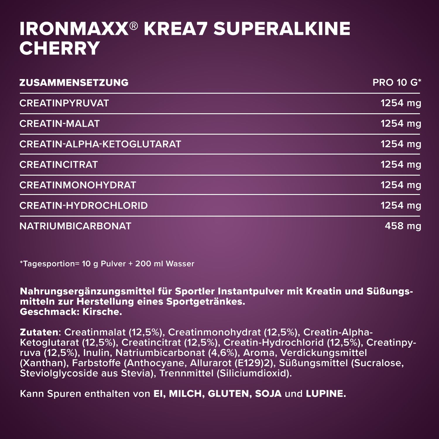 Zutatenliste und Nährwertangaben für IronMaxx Krea7 Superalkaline Kirsche.