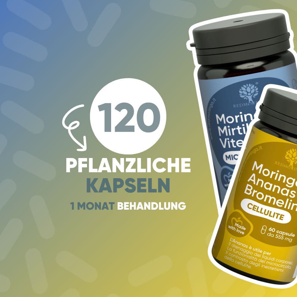Zwei Flaschen Nahrungsergänzungsmittel, eine gelbe und eine blaue. Auf der gelben Flasche steht 'Cellulite'. Daneben die Zahl 120 und 'Pflanzliche Kapseln'.