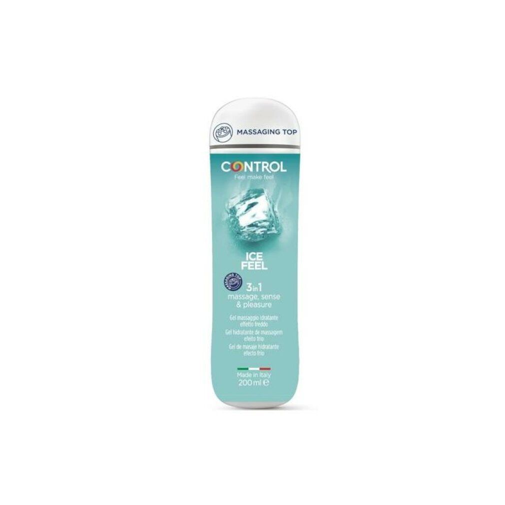 Control Ice Feel Gleitgel Flasche mit Eiskristall-Design und Massagieraufsatz.