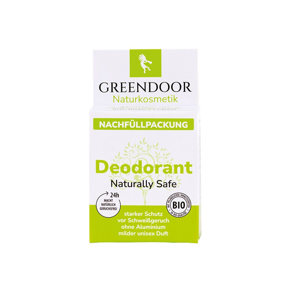 Weißer Karton mit grünem Aufdruck. Text: GREENDOOR, Deodorant Naturally Safe, Nachfüllpackung, BIO-Siegel. Enthält Informationen zum Produkt.