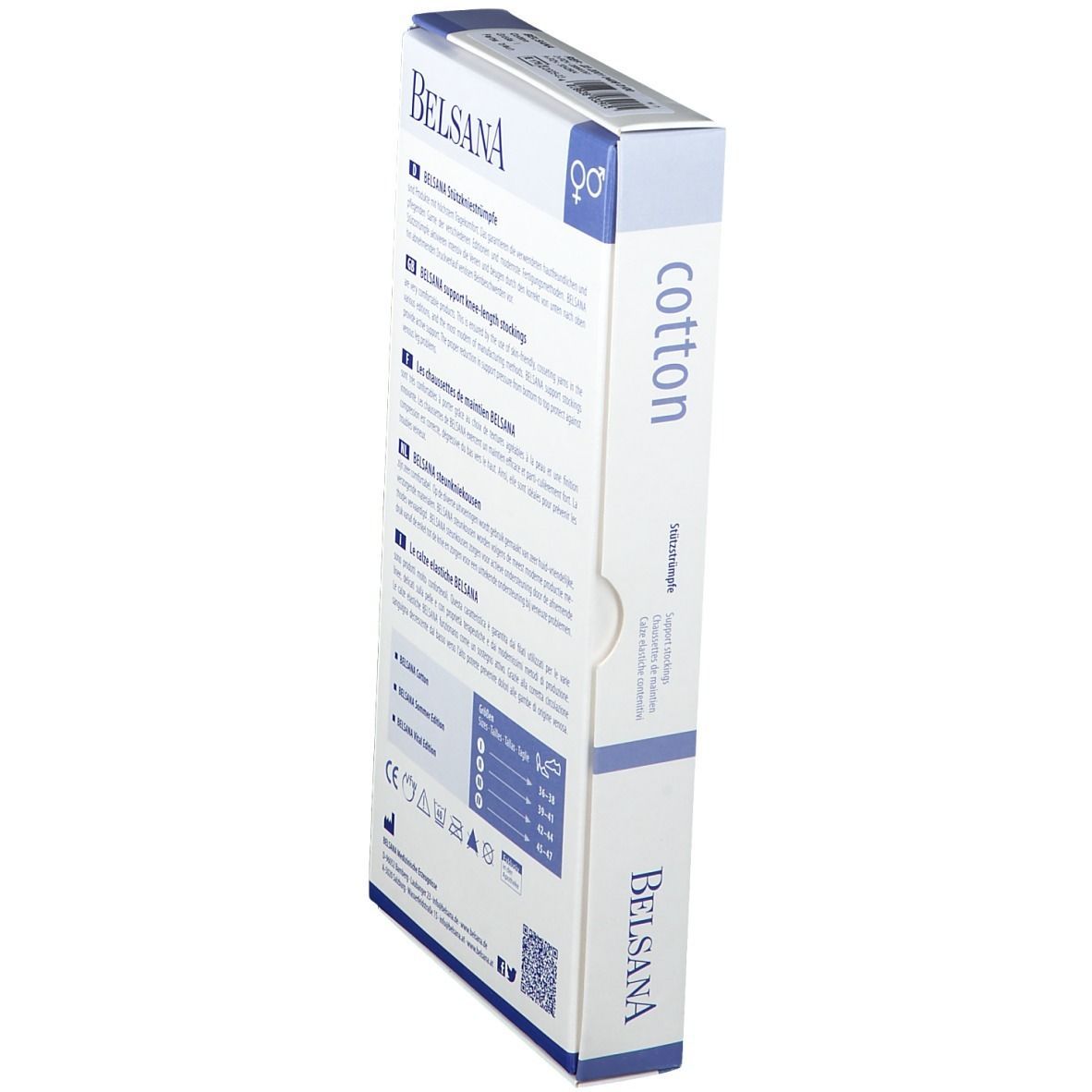 BELSANA Cotton Stützkniestrumpf Verpackung. Seitenansicht. Produktinformationen und Logo.