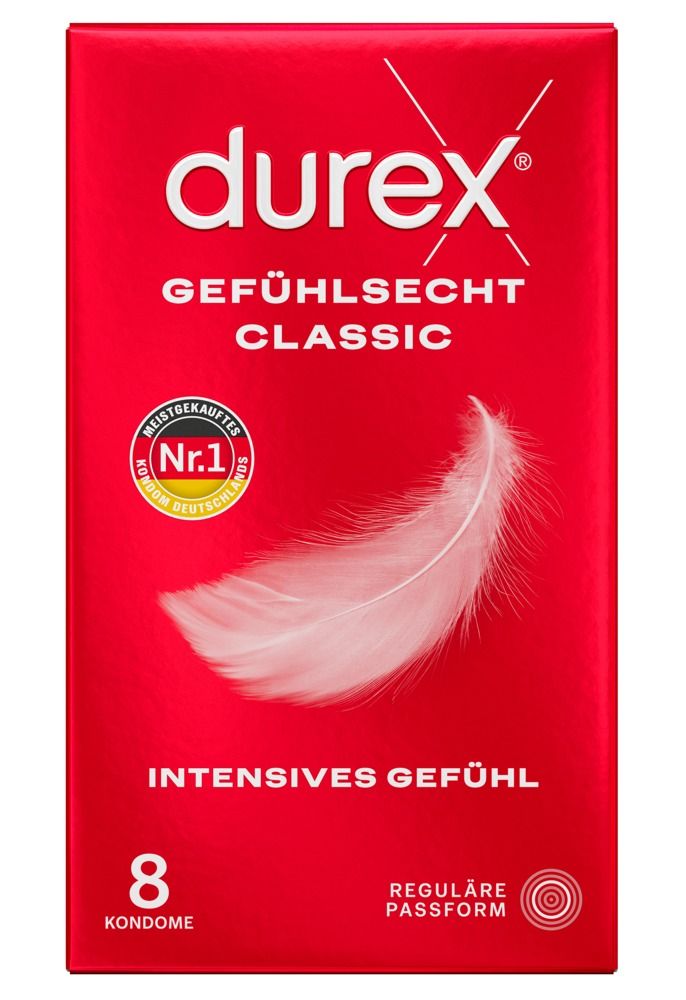 Durex Gefühlsecht Classic Kondom-Packung (8 Stück) mit einzeln verpacktem Kondom.