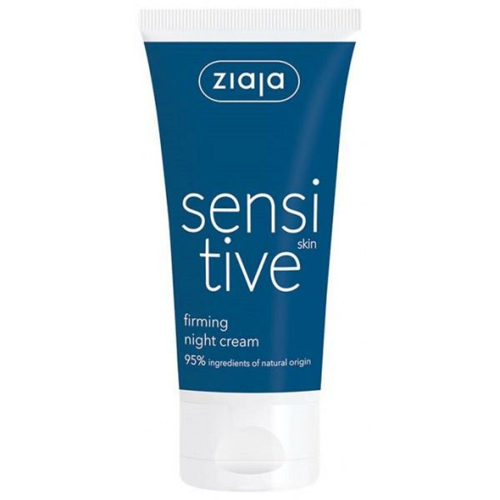 Blaue Tube mit weißem Deckel. Aufschrift: sensitive skin, firming night cream. Marke Ziaja.