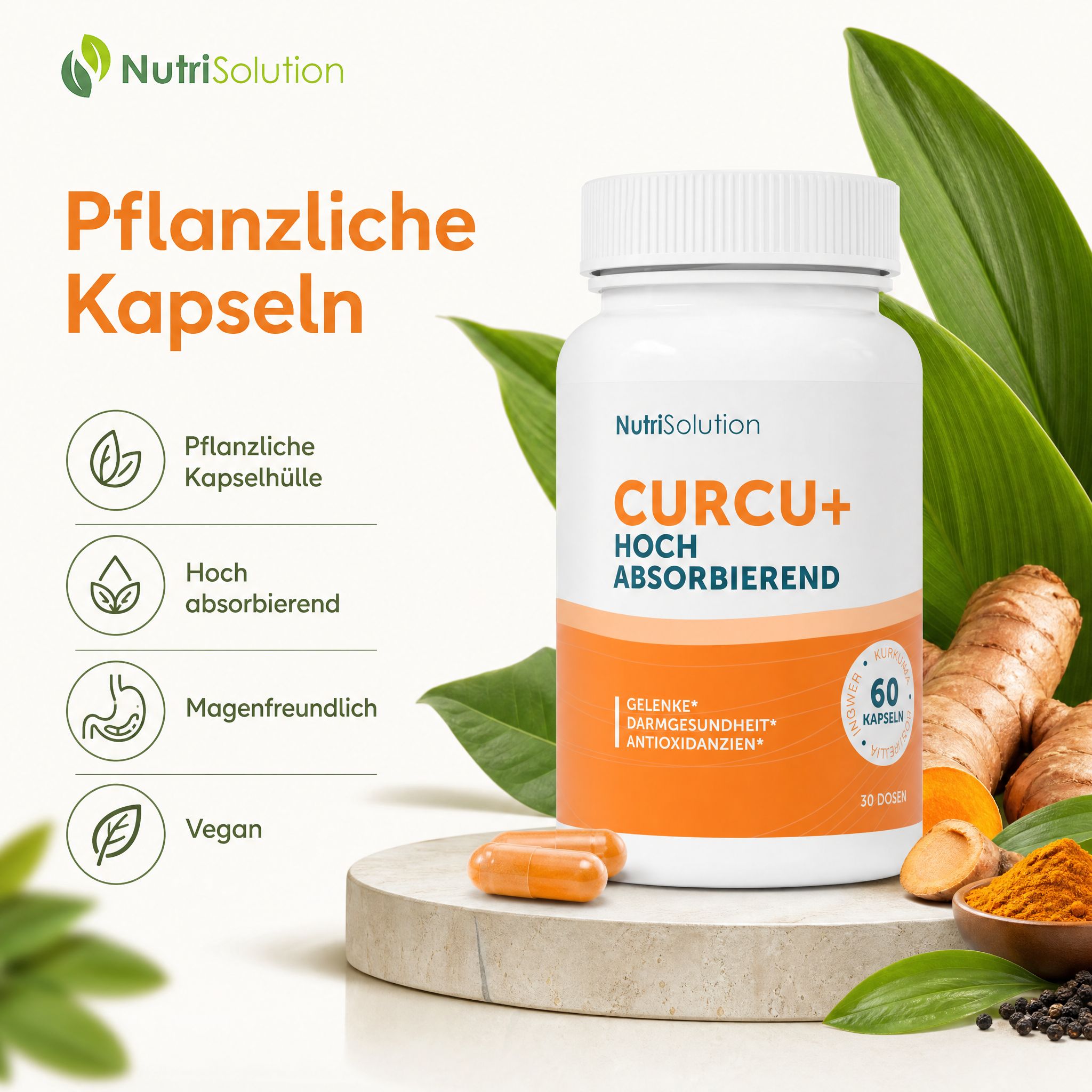NutriSolution Curcu+ Flasche mit pflanzlichen, hoch absorbierenden und magenfreundlichen Kapseln.