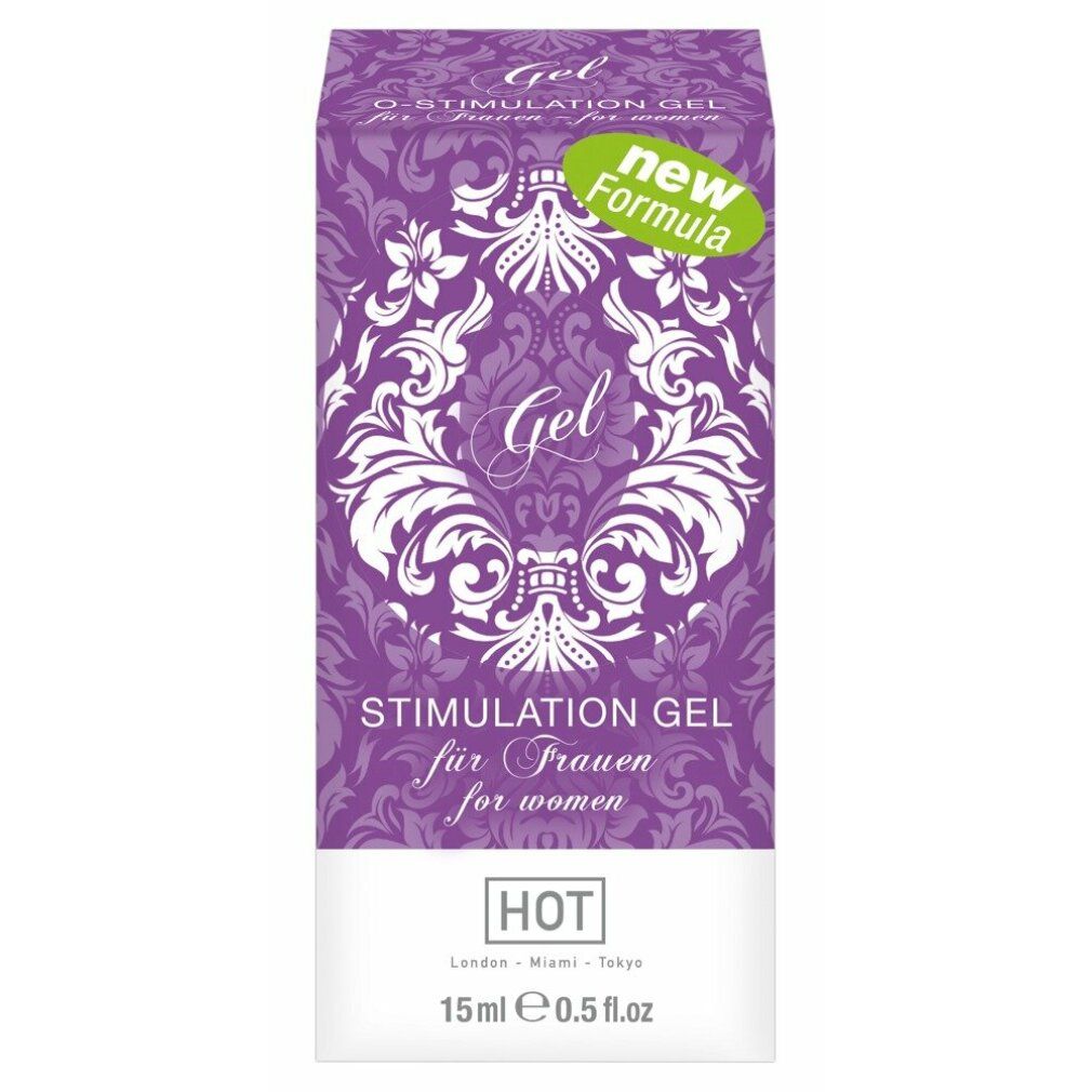 Produktverpackung mit lila Muster und Aufschrift O-STIMULATION GEL. Kleiner grüner Aufkleber mit 'new Formula'.