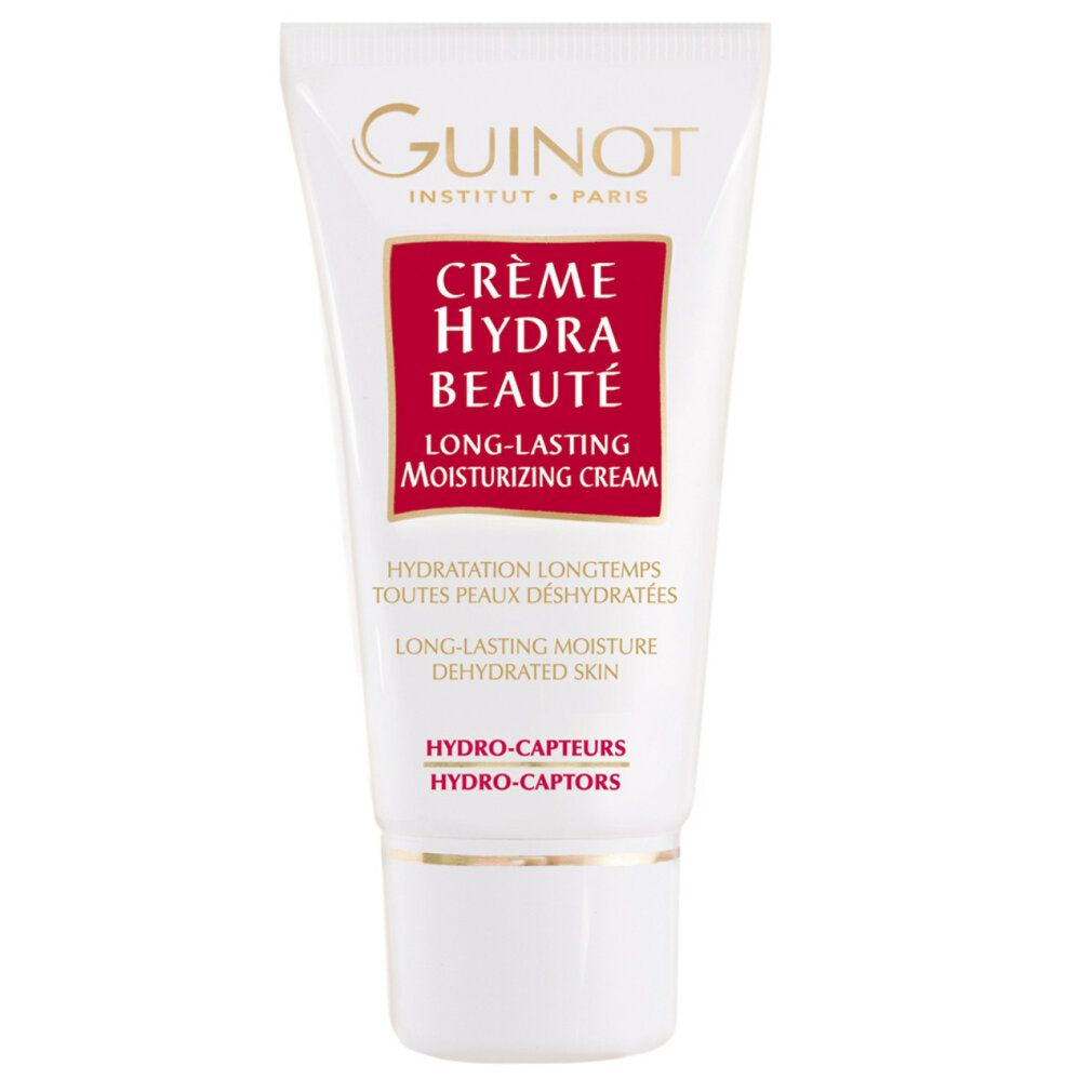 Weiße Tube mit rotem Rechteck und Produktnamen. Guinot-Logo oben. Text: Crème Hydra Beauté, Long-Lasting Moisturizing Cream.