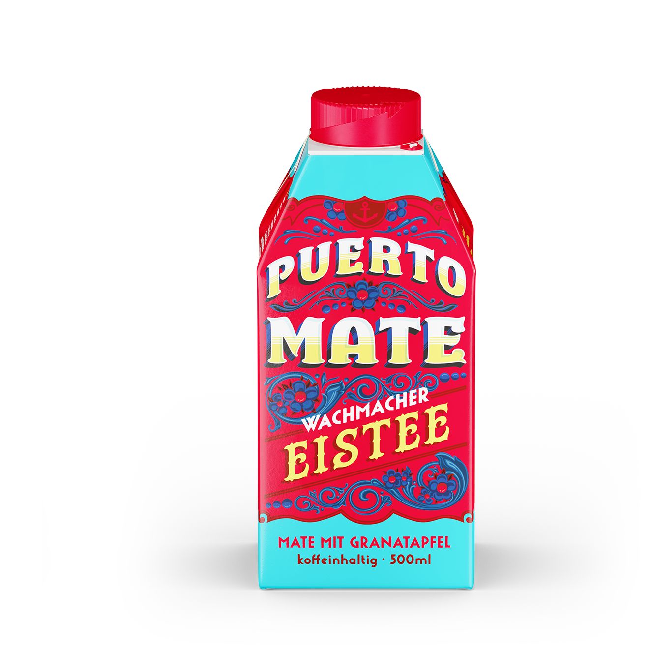 Puerto Mate Eistee in einer rechteckigen Flasche mit rotem Deckel. Das Etikett zeigt den Markennamen "Puerto Mate" in Weiß auf rotem Grund, darunter "Eistee". Der Text "Mate mit Granatapfel" und "koffeinhaltig 500ml" sind ebenfalls sichtbar. Die Flasche hat eine blaue und rote Verzierung.
