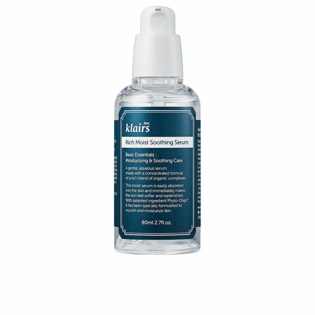 Klairs Rich Moist Soothing Serum. Transparente Flasche mit weißem Pumpkopf. Blaues Etikett mit Text.