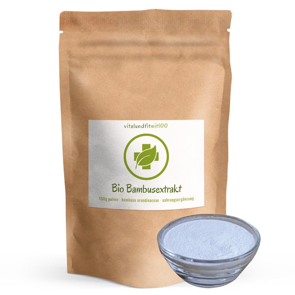 Braune Papiertüte mit Etikett: Vitalundfitmit100 Bio Bambus Extrakt. Daneben eine Glasschale mit weißem Pulver.