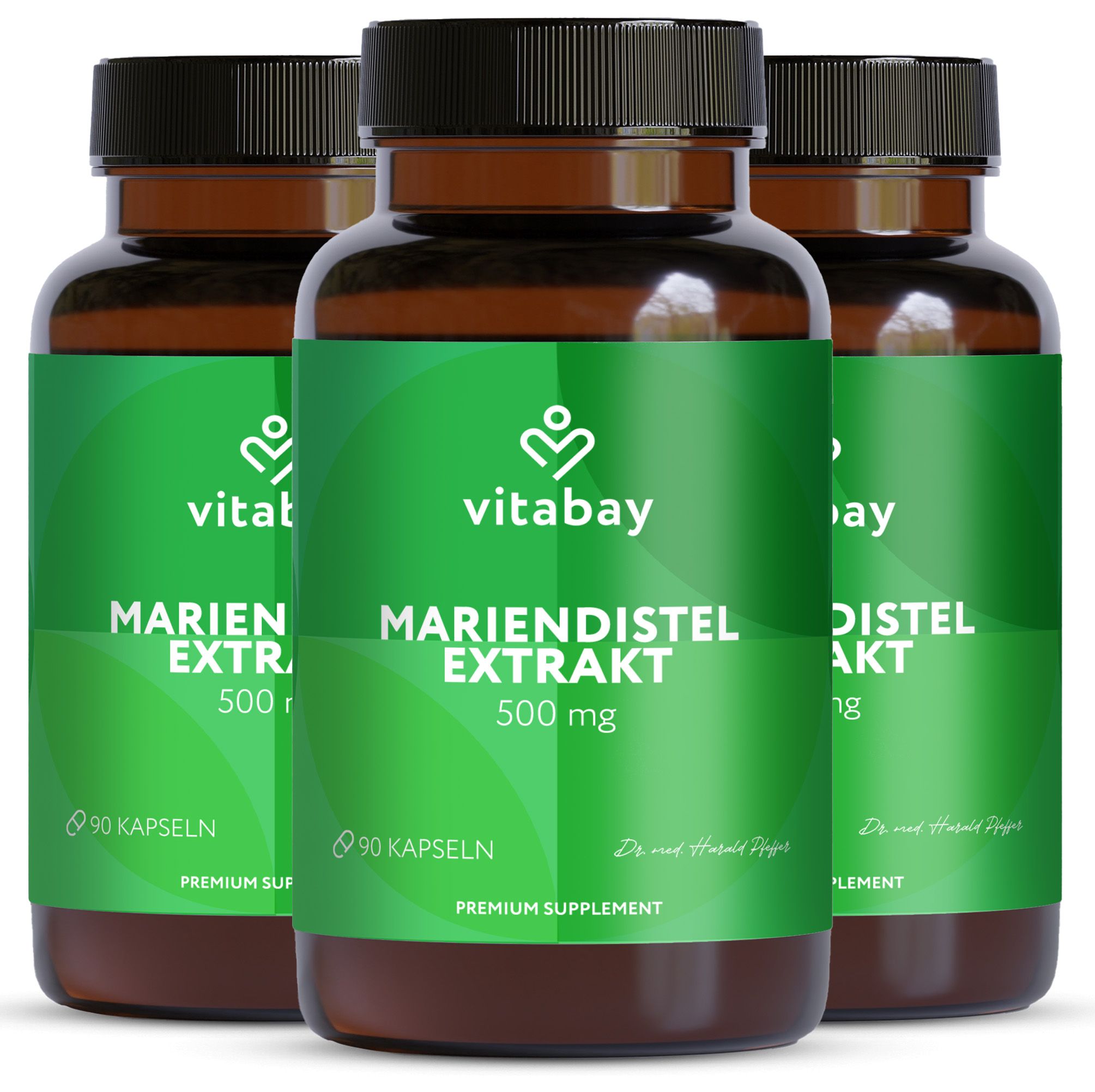 Drei Flaschen Vitabay Mariendistel Extrakt 500 mg mit grünen Etiketten.