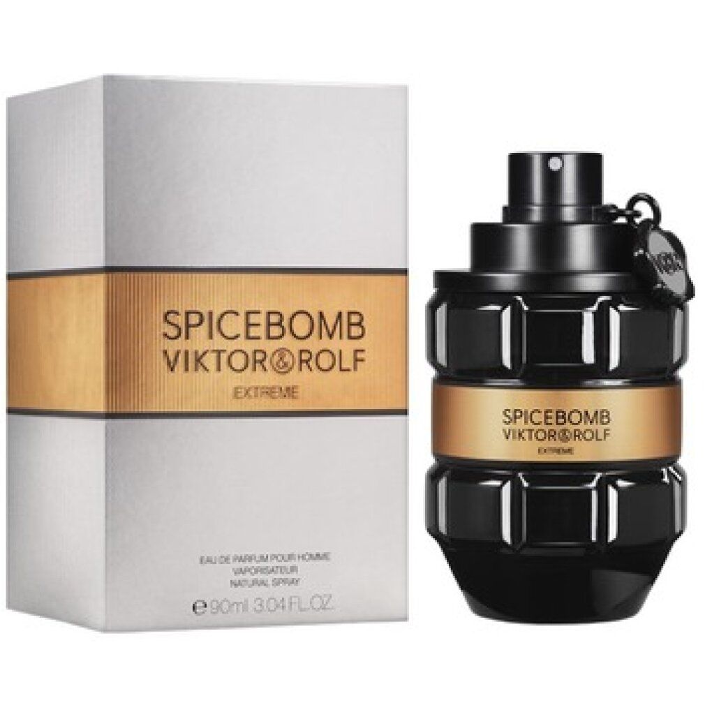 Schwarzer Flakon und silberne Schachtel. Aufschrift: SPICEBOMB VIKTOR&ROLF EXTREME. Eau de Parfum. 90ml.