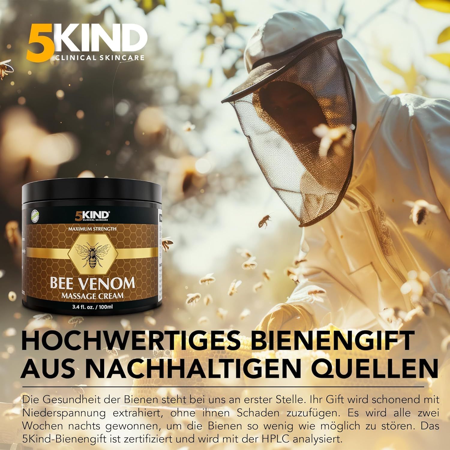 Dunkle Dose mit goldfarbenem Etikett. Text: Bee Venom Massage Cream. Imker mit Bienen. Text: Hochwertiges Bienengift.