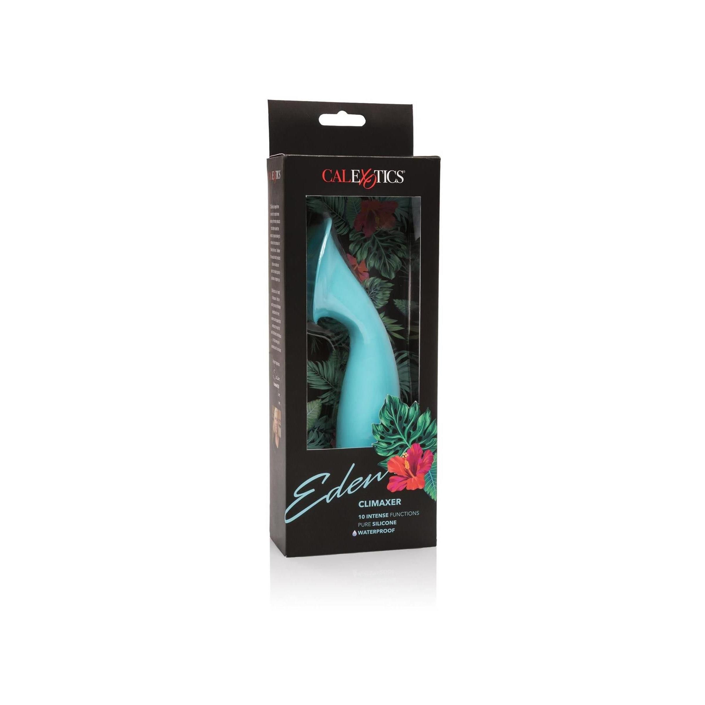 Produktverpackung mit blauem Climaxer. Schwarze Box mit Produktnamen und Markennamen. Sichtfenster zeigt das Produkt.
