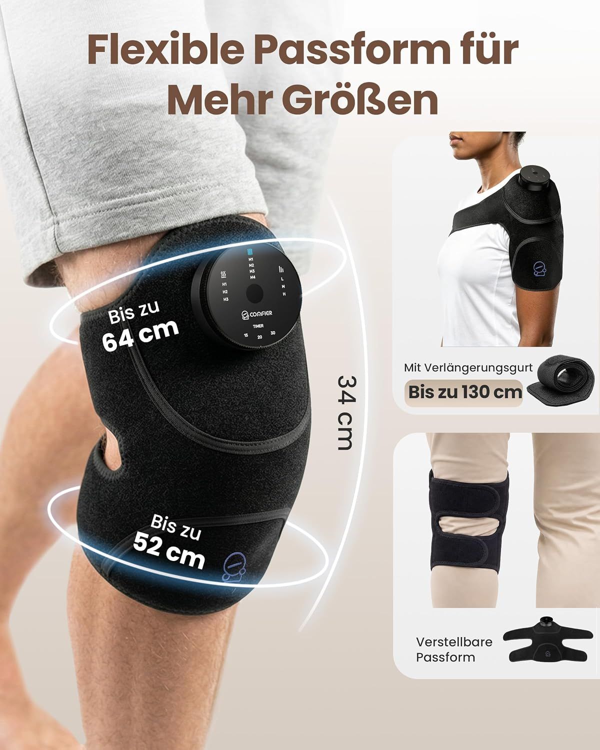 Schwarze Kniebandage mit Heizfunktion, die von einer Frau getragen wird, mit Maßen für verschiedene Größen.