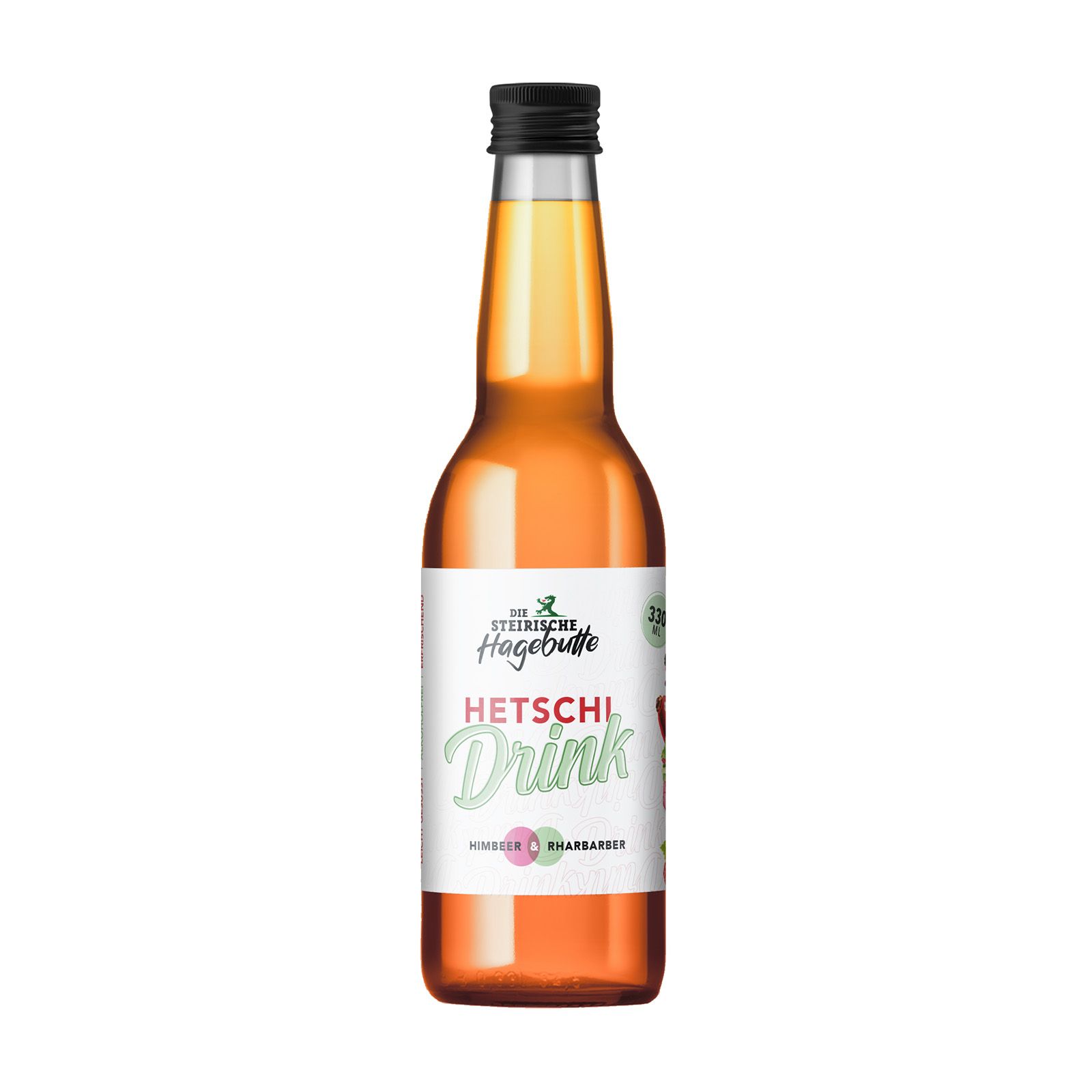 Glasflasche mit Getränk. Etikett mit "Die Steirische Hagebutte Hetschi Drink". Himbeere & Rhabarber.