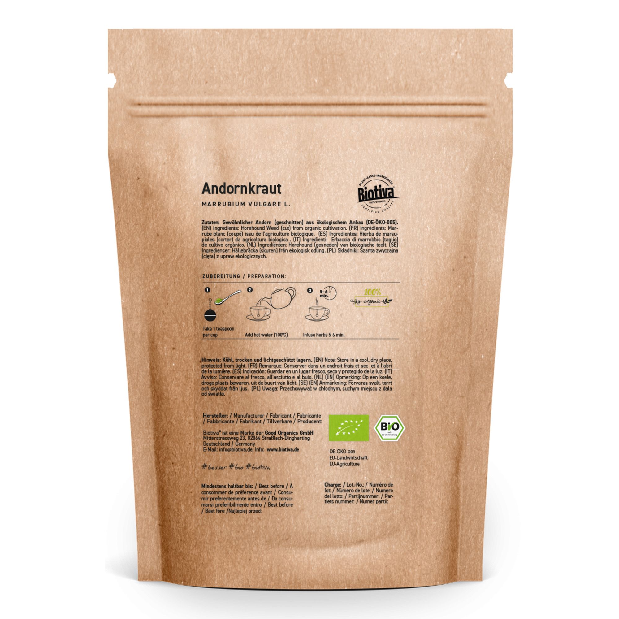 Braune Papierverpackung mit Produktinformationen. Aufschrift 'Andornkraut' und 'Biotiva'. Bio-Siegel.