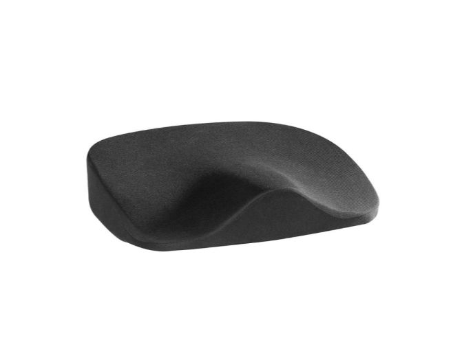Schwarzes, ergonomisch geformtes Hüftkissen. Wellenförmige Oberfläche. Rechteckige Form mit abgerundeten Ecken.