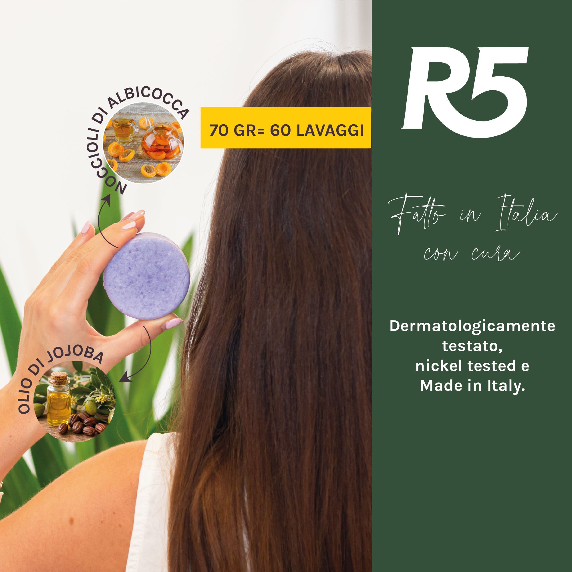 R5 feste Haarschspülung in Hand, mit Jojoba- und Aprikosenöl.