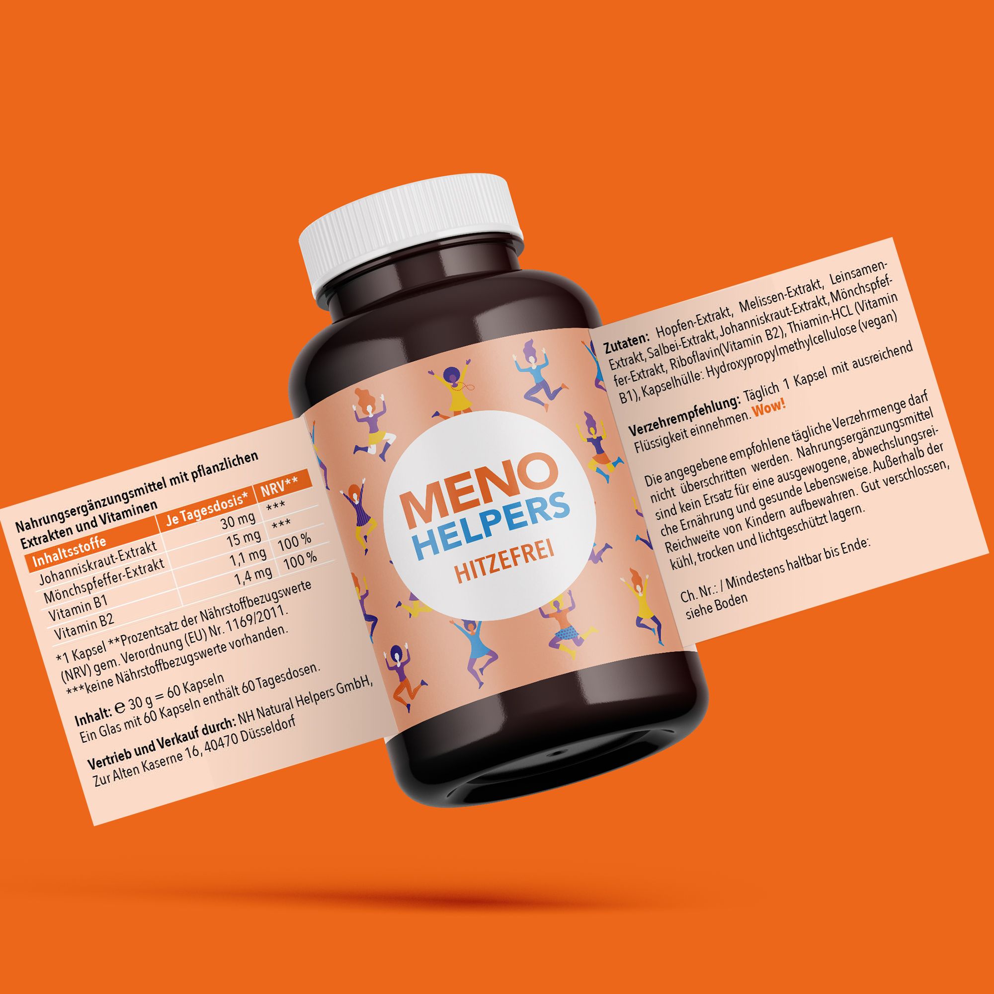 Braune Flasche "MENO HELPERS HITZEFREI" mit Etikett. Etikett zeigt Inhaltsstoffe und Nährwertangaben. Orangefarbener Hintergrund.