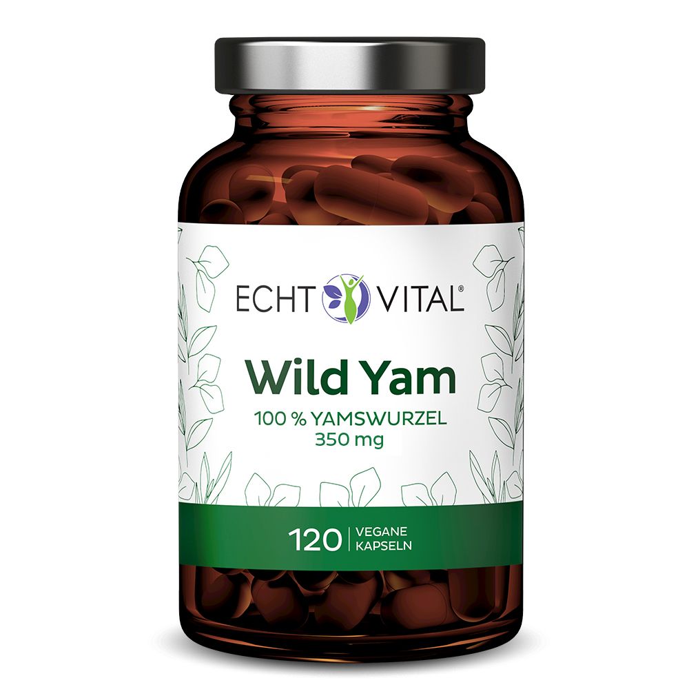 Braune Glasflasche mit Kapseln. Etikett mit "Echt Vital Wild Yam", 120 Kapseln, 350 mg.