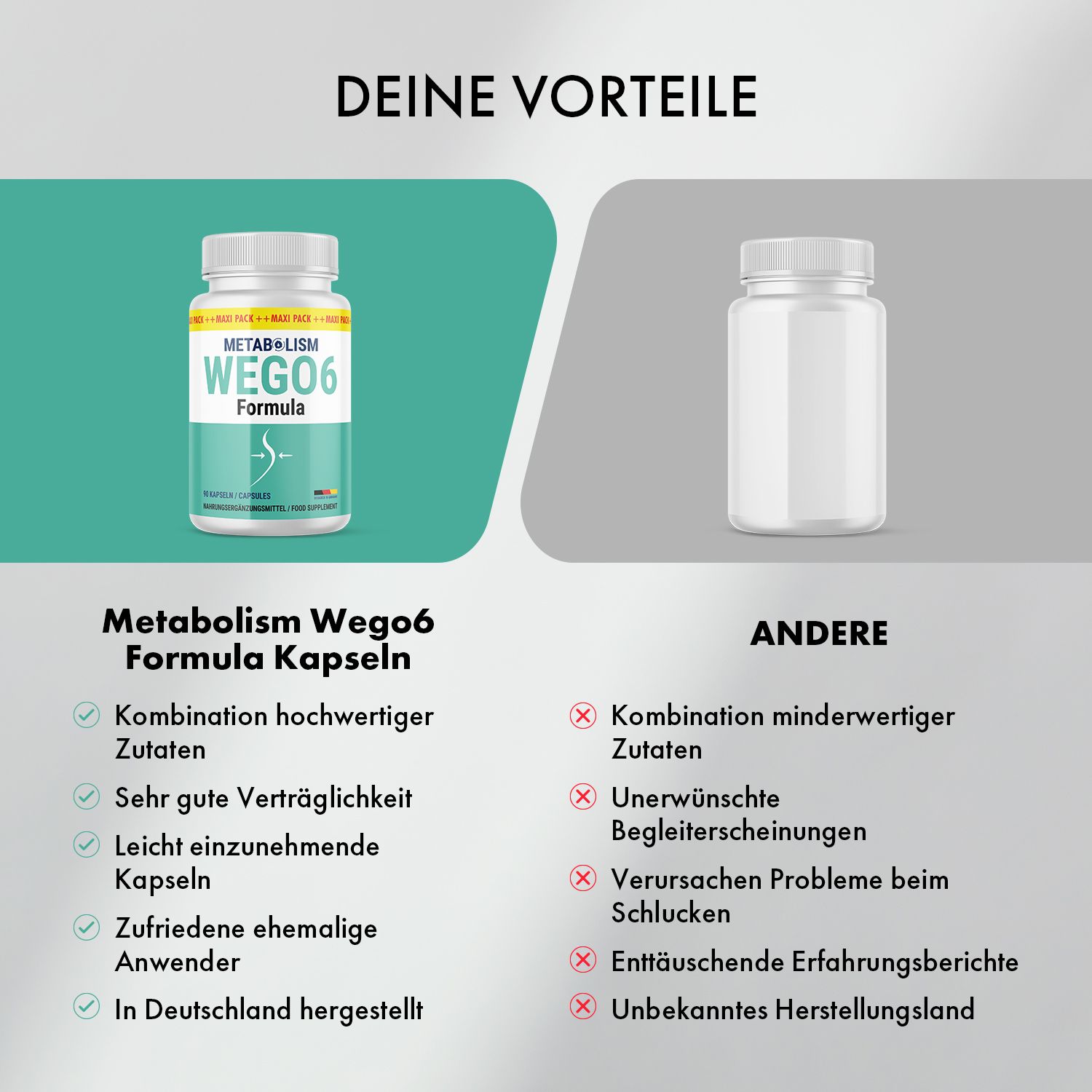 Vergleich: Metabolism Wego6 Formula Kapseln vs. andere. Vorteile: hochwertige Zutaten, gute Verträglichkeit. Nachteile: minderwertige Zutaten.