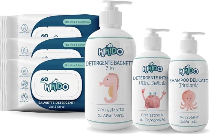 Kikido Hygiene-Set zur Geburt mit 3 Feuchttüchern Shampoo Intimreiniger und Kinder-Badegel