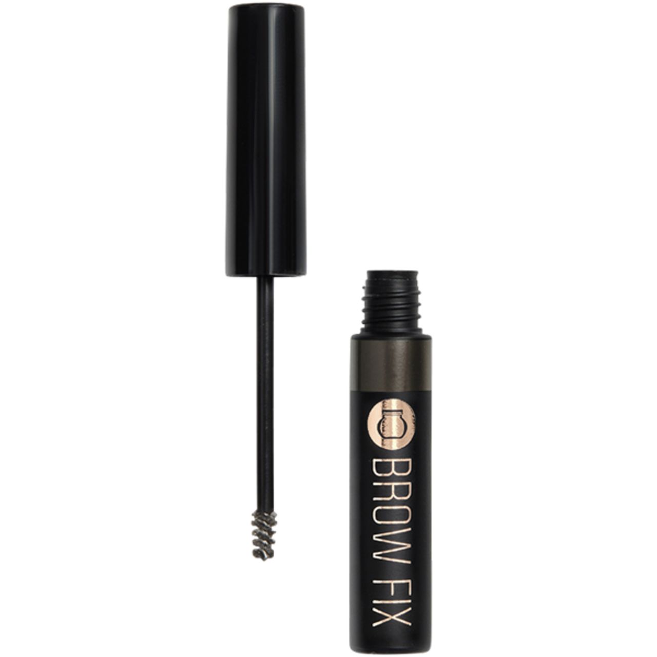 Schwarze Brow Fix-Tube mit geöffnetem Deckel und Bürste. Aufschrift "BROW FIX".