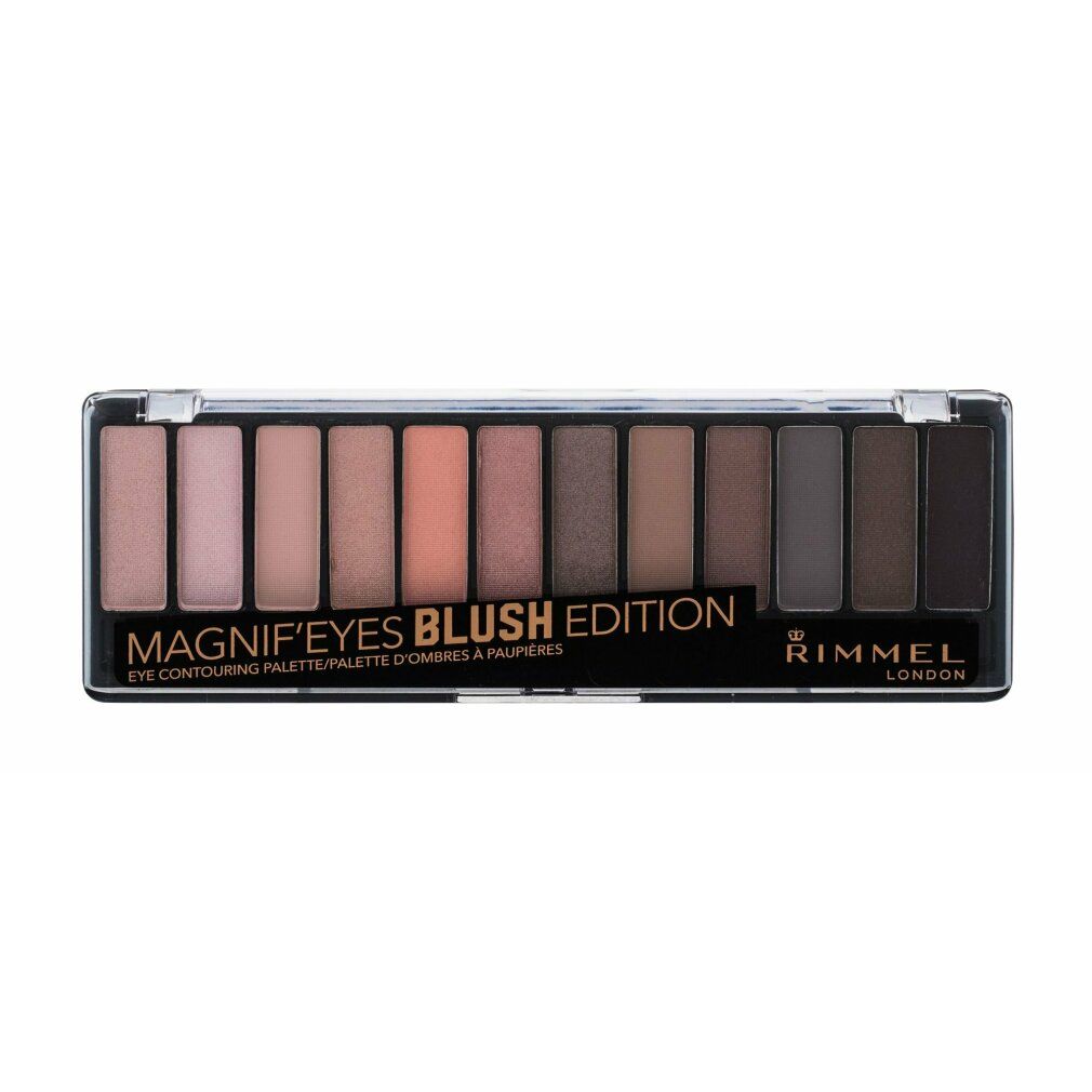 Rimmel Magnif'eyes Blush Edition Lidschatten-Palette. 12 Farbtöne in rechteckiger Verpackung. Schwarzer Hintergrund.