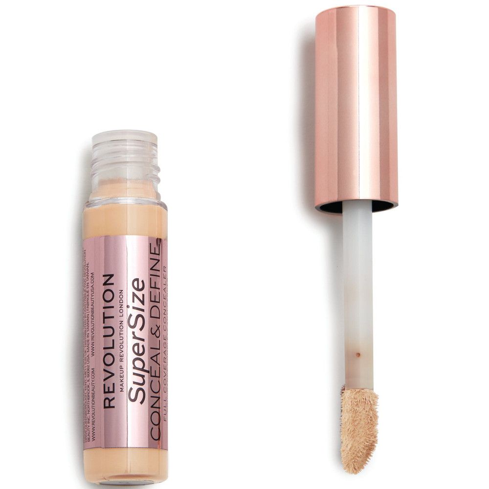 Concealer-Tube mit roségoldfarbenem Deckel und Applikator. Aufschrift: Super Size Conceal & Define. Helle Flüssigkeit.