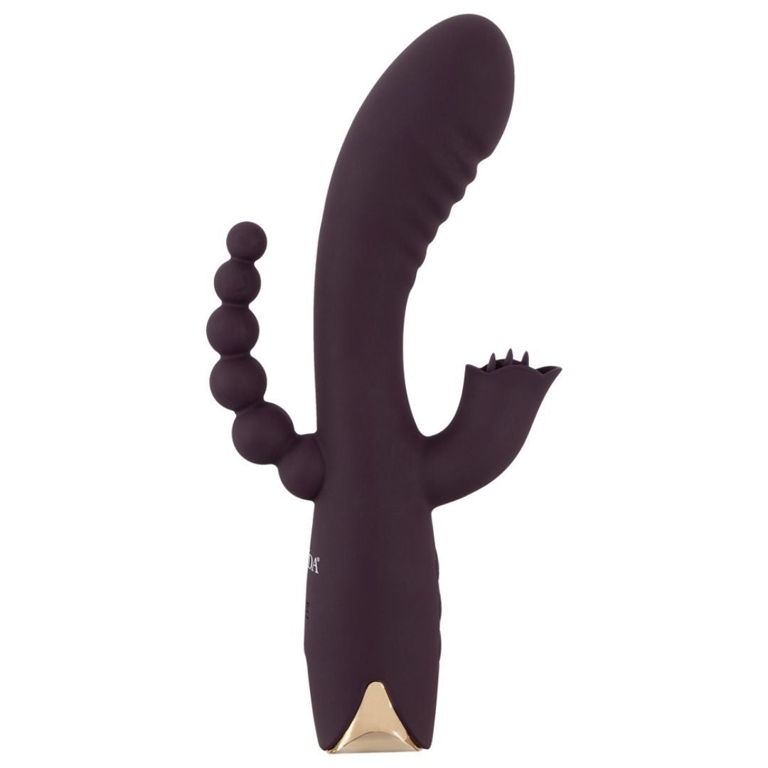 Dunkelvioletter Vibrator mit Analstimulator und 10 Vibrationsmodi. Mit kugelförmigem Stimulator.