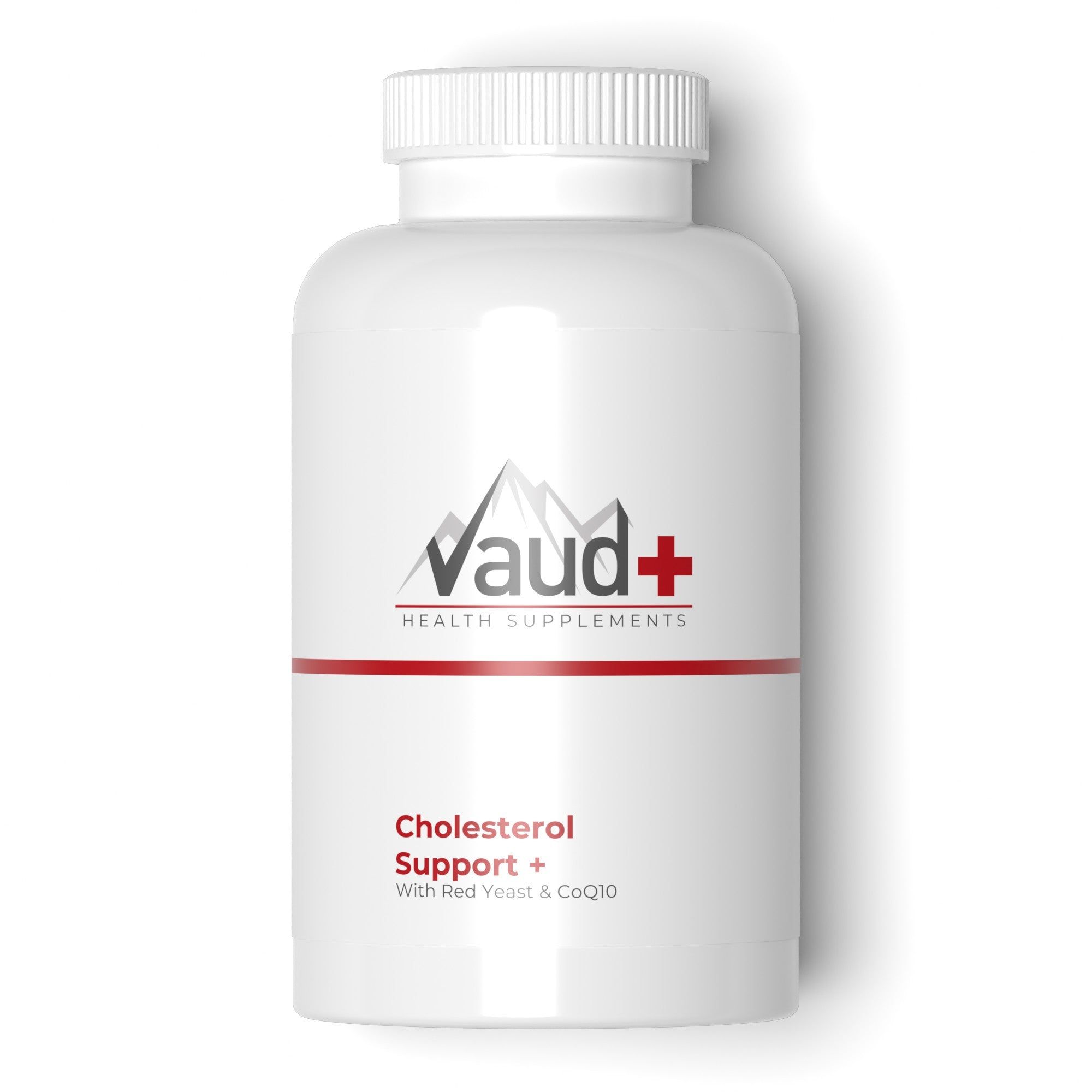 Weiße Flasche mit roter und schwarzer Beschriftung. Enthält "Vaud+" und "Cholesterol Support +" mit rotem Hefen und CoQ10.