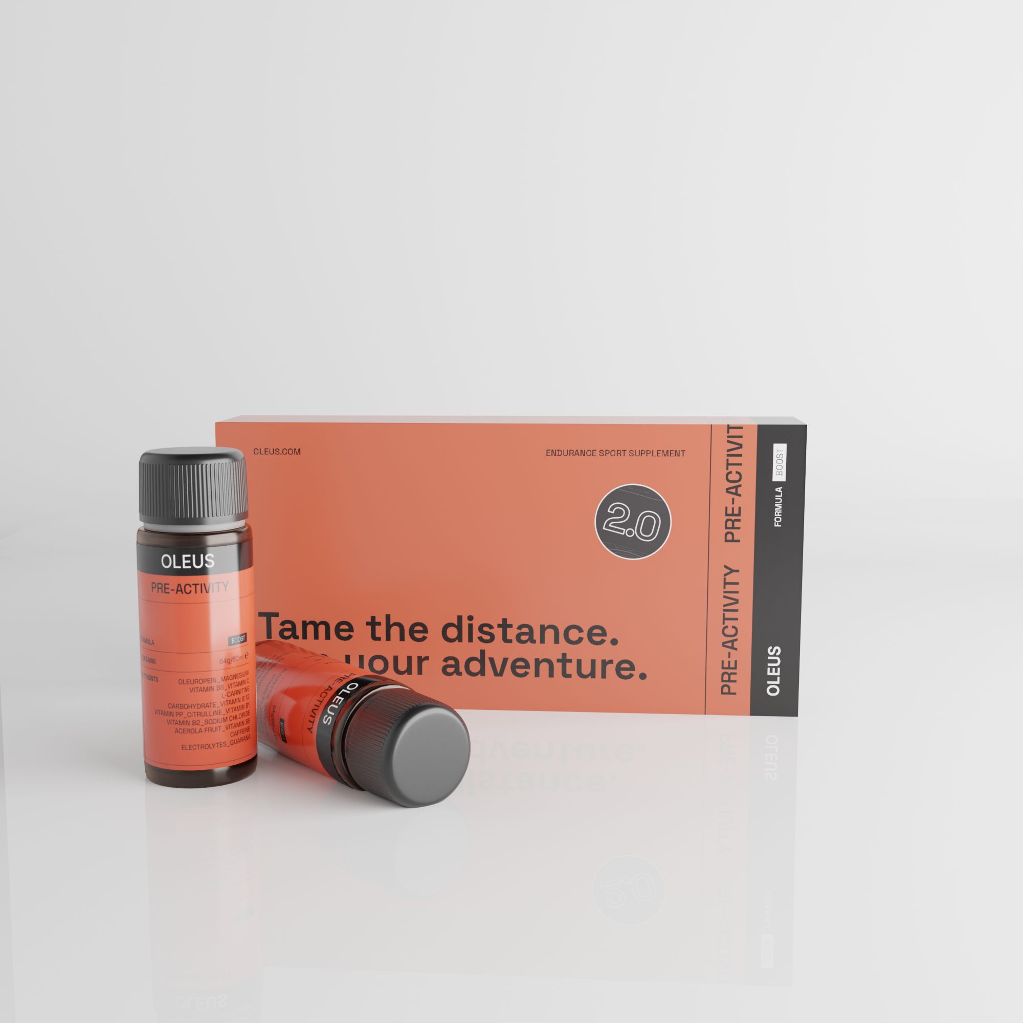 Produktverpackung mit zwei Flaschen. Eine steht, eine liegt. Orangefarbene Schachtel mit Text. Produktname OLEUS.