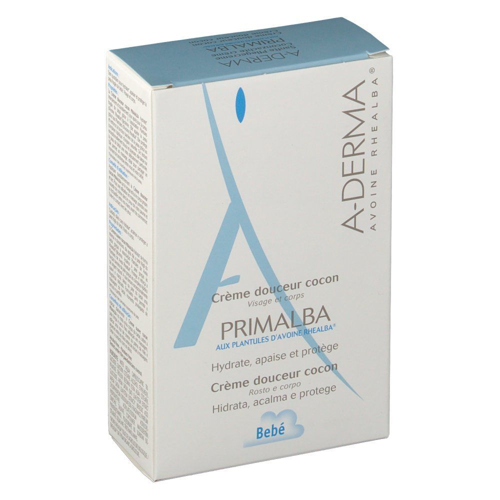 Kartonnen verpakking. A-DERMA en PRIMALBA logo. Tekst: Crème douceur cocon, Hydrateert, verzacht en beschermt. Baby.
