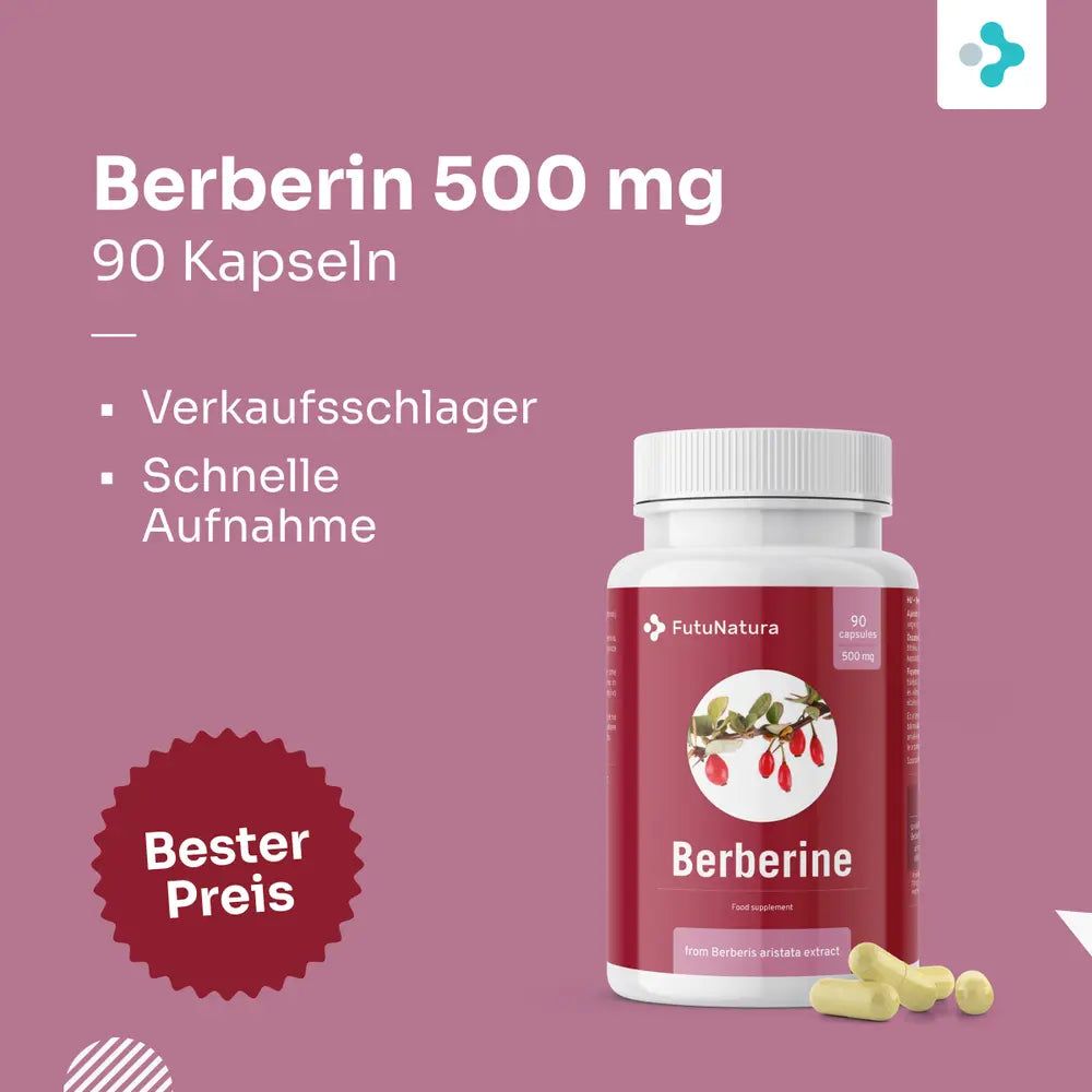 Flasche mit Berberin und Text: Berberin 500 mg, 90 Kapseln. Aufkleber: Bester Preis. Gelbe Kapseln daneben.