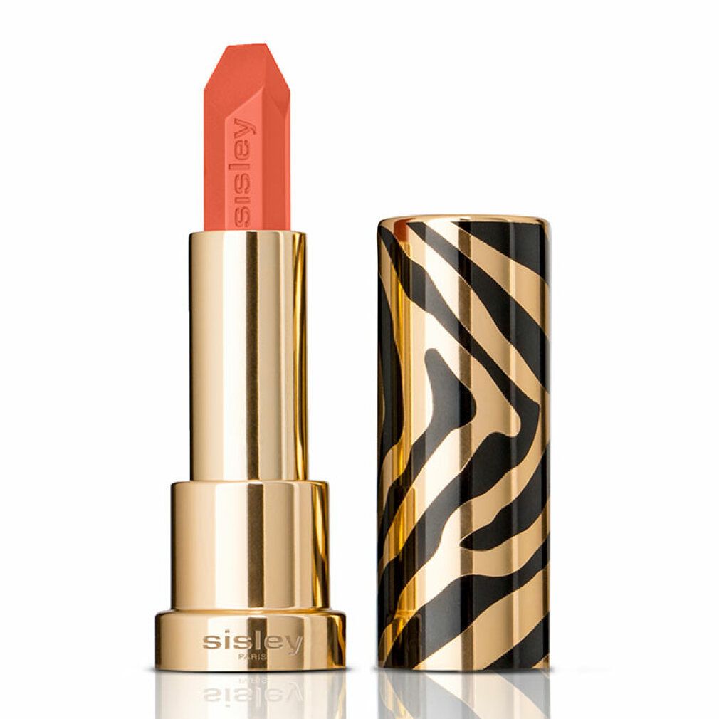 Goldfarbener Lippenstift mit geöffneter Hülse. Der Lippenstift ist rosa. Die Hülse ist mit einem Zebra-Muster versehen. Auf dem Lippenstift steht Sisley.