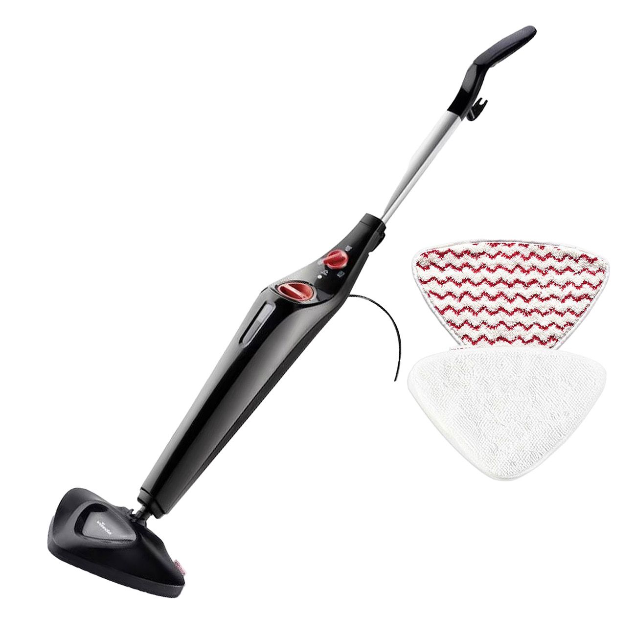 Dampfreiniger mit zwei Pads. Schwarzes Gehäuse, roter Knopf. Ein Pad rot-weiß, das andere weiß.