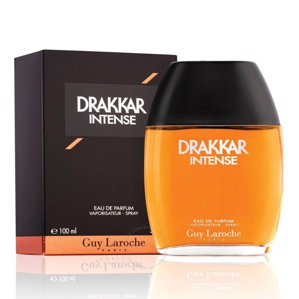 Drakkar Intense Eau de Parfum Spray. Flakon und Verpackung. Schwarzer Deckel, orange Flüssigkeit. 100 ml.