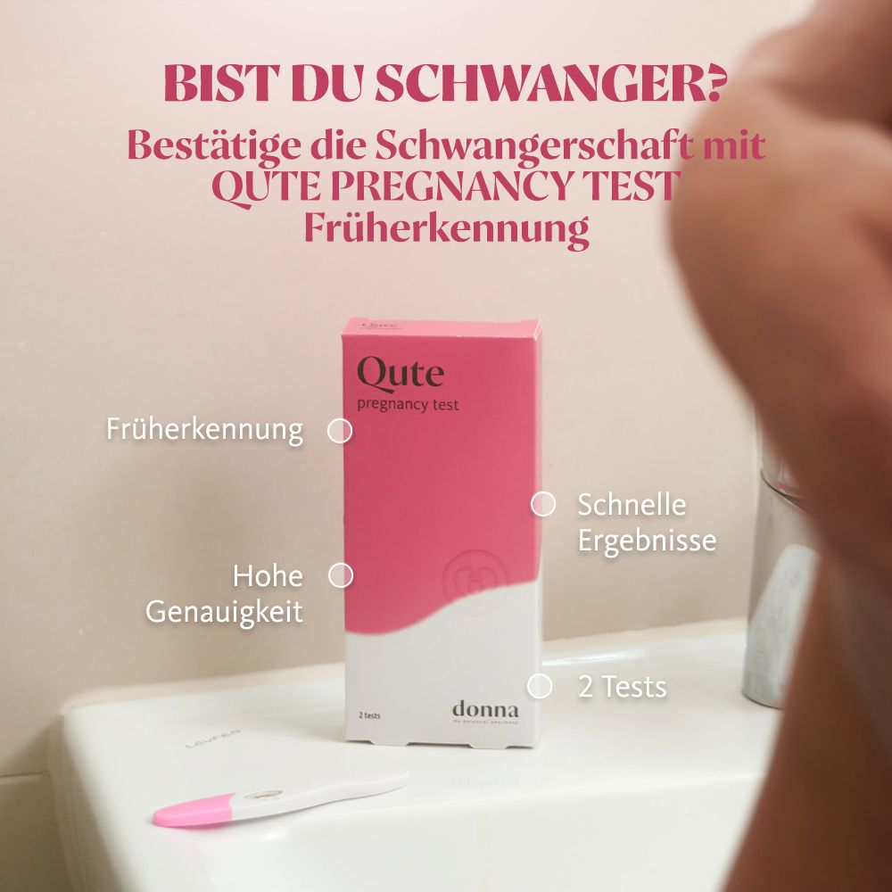 Rosa Verpackung, Aufdruck: Qute pregnancy test. Ein Teststäbchen. Marke: donna. Text: Früherkennung, schnelle Ergebnisse, hohe Genauigkeit, 2 Tests.