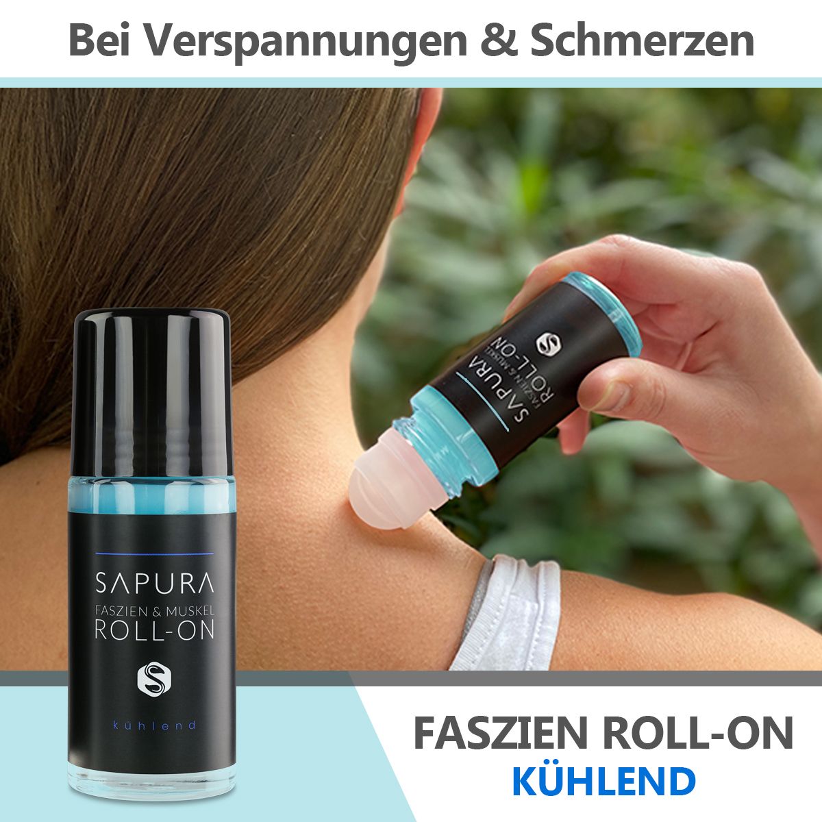 Person verwendet Roll-On auf Schulter. Schwarze Flasche mit blauem Inhalt. Aufschrift: SAPURA ROLL-ON, Faszien & Muskeln, kühlend.